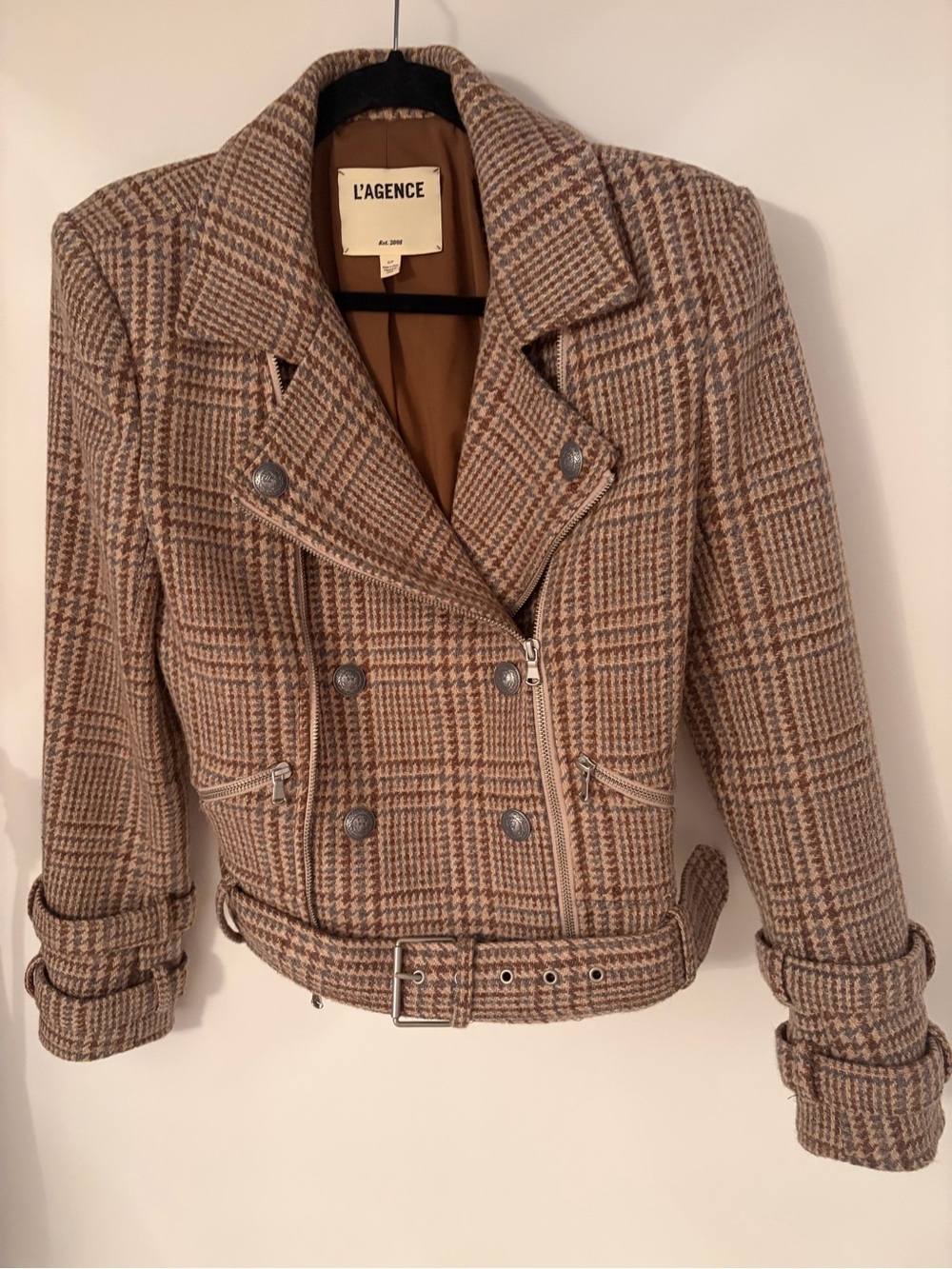 L'AGENCE Billie Plaid Wool Belted Moto Jacket 100% Virgin Wool Size Small
